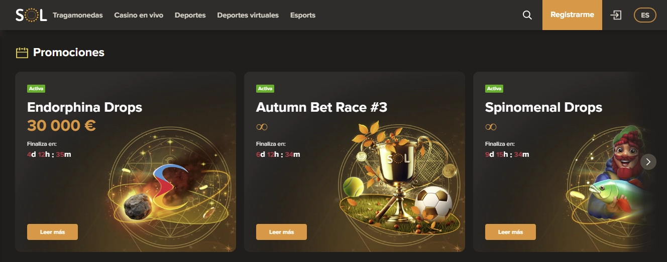 Panel de bonos activos en Sol Casino