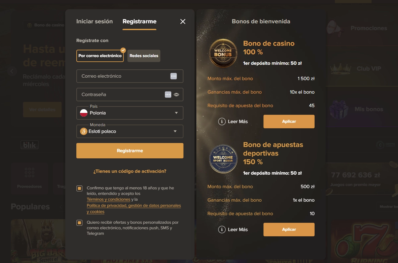 Captura del formulario de registro de Sol Casino